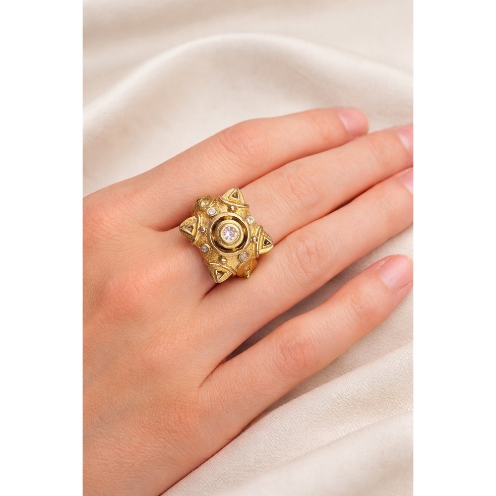 Vintage Edwardian Gold Ornate Statement Ring Crystal‎ Geometric Cocktail Size 8